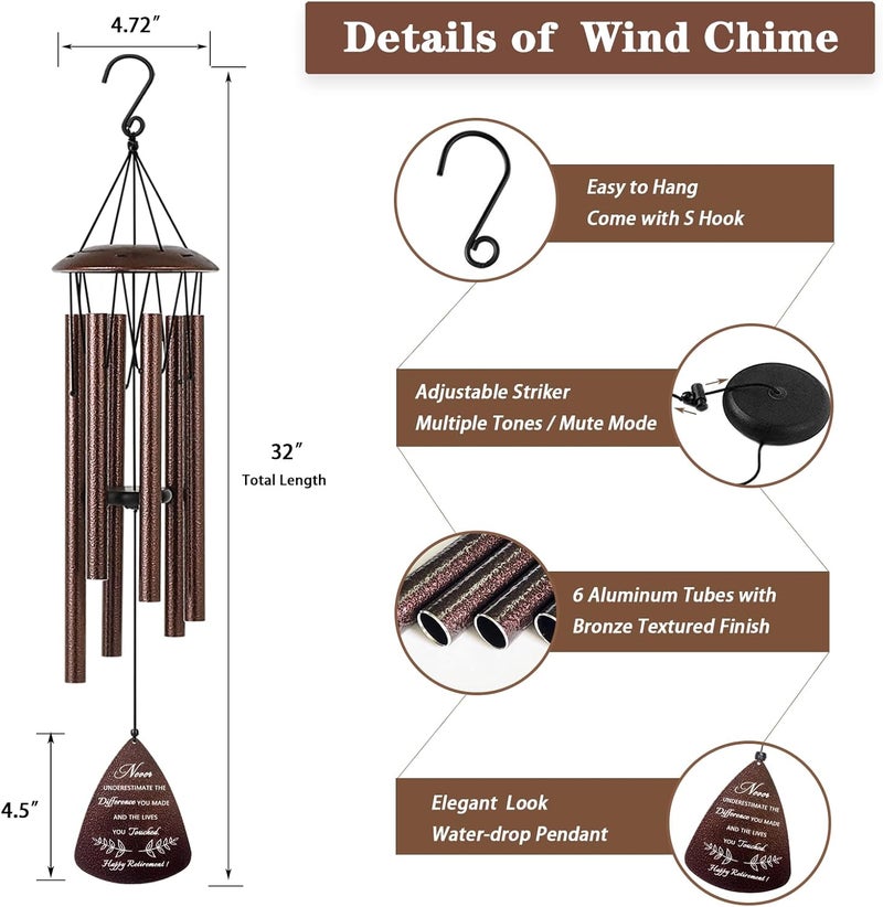Soopau Retirement Gift for Woman Men, 32" Wind Chimes Retirement Gifts, Happy Retirement Gifts for Coworker Colleague Boss Teachers Nurses Friends, Going Away Gifts Retirement Decorations - Image 4